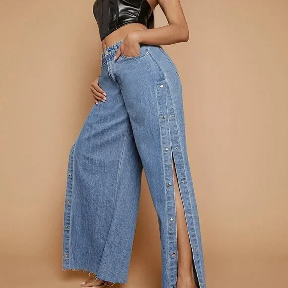 Medium Wash Casual womens Snap Button Side Trim Wide Leg Raw Hem Jeans - Picture 1 of 5